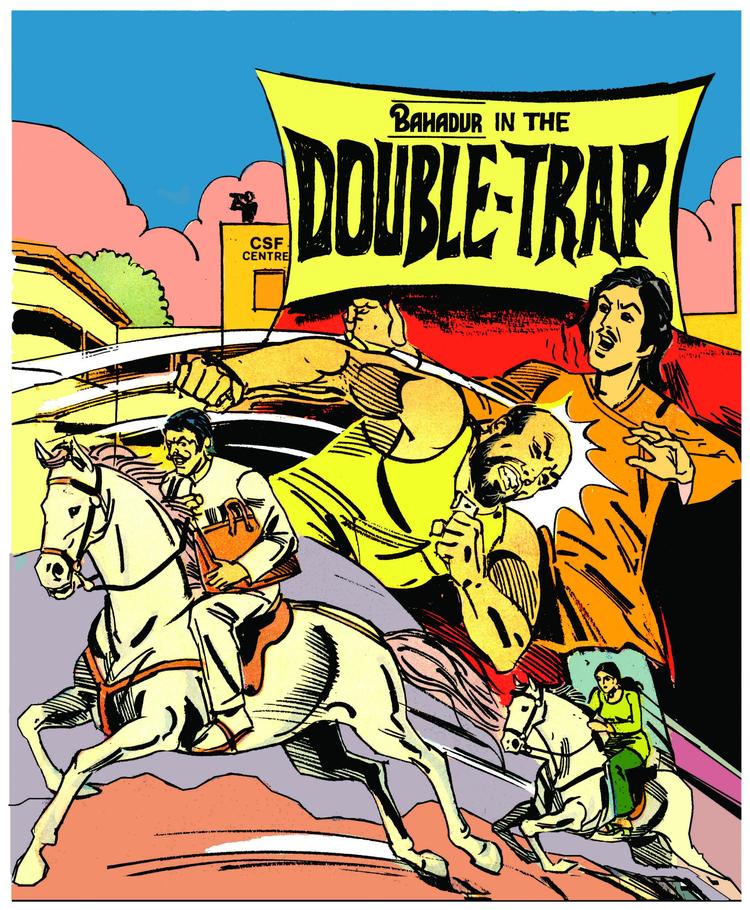 Bahadur comic cover titled "Double-Trap", showing Bahadur punching an attacker while a rider on a white horse charges past.